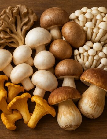 Varietà di funghi commestibili freschi tra cui porcini, finferli, champignon, shimeji, pleurotus
