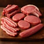Varietà di tagli di carne di maiale cruda, come costine, lonza e pancetta, disposti su un tagliere rotondo di legno naturale