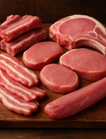 Varietà di tagli di carne di maiale cruda, come costine, lonza e pancetta, disposti su un tagliere rotondo di legno naturale