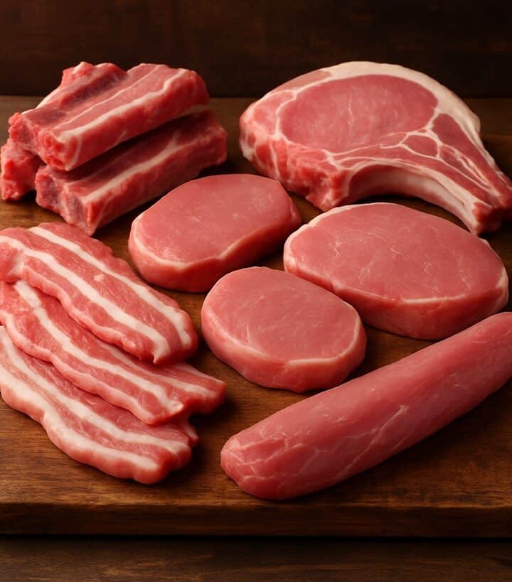 Varietà di tagli di carne di maiale cruda, come costine, lonza e pancetta, disposti su un tagliere rotondo di legno naturale