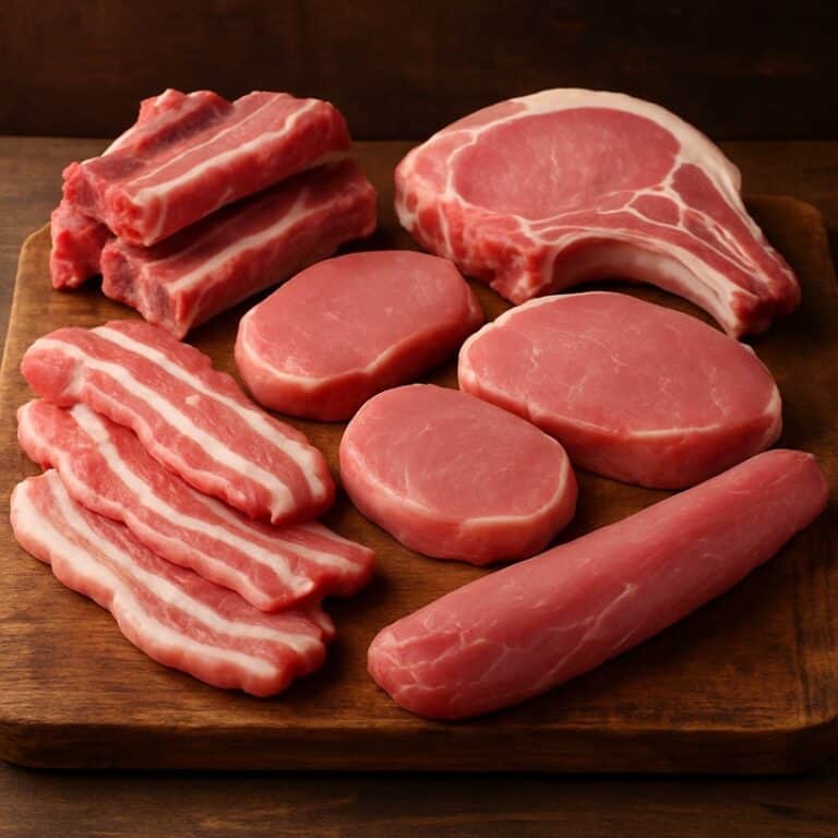 Varietà di tagli di carne di maiale cruda, come costine, lonza e pancetta, disposti su un tagliere rotondo di legno naturale
