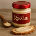 Crema Rossana spalmata su pane accanto al barattolo e cucchiaio di legno