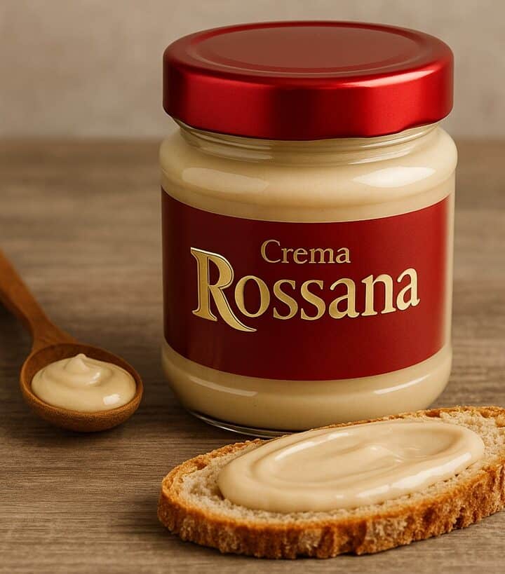 Crema Rossana spalmata su pane accanto al barattolo e cucchiaio di legno