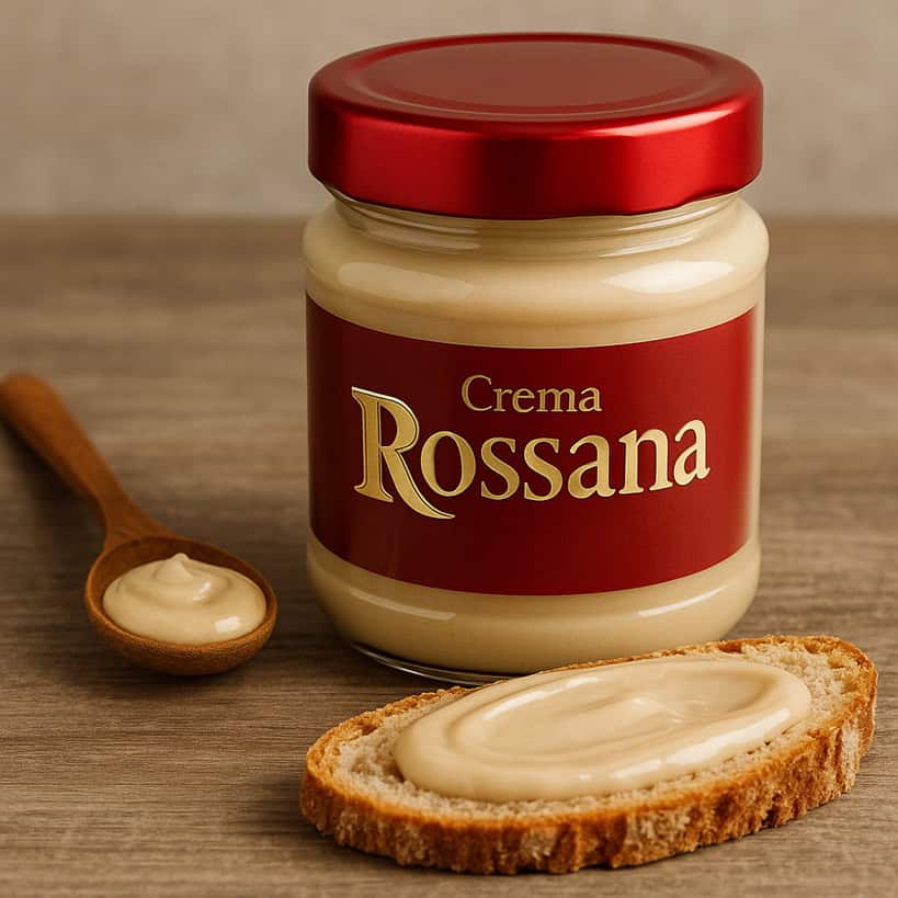 Crema Rossana spalmata su pane accanto al barattolo e cucchiaio di legno