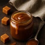 Caramello cremoso in barattolo di vetro con cucchiaio d’argento e cubetti su tagliere in legno scuro