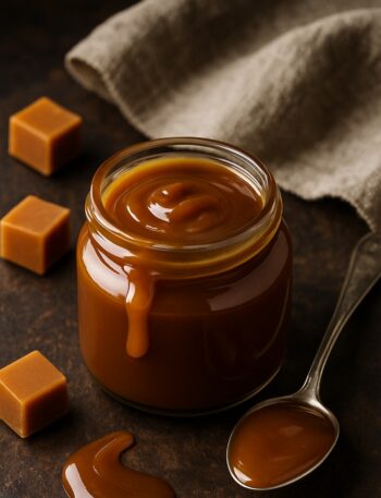 Caramello cremoso in barattolo di vetro con cucchiaio d’argento e cubetti su tagliere in legno scuro