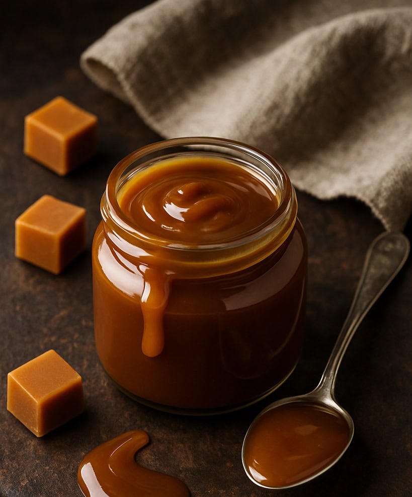 Caramello cremoso in barattolo di vetro con cucchiaio d’argento e cubetti su tagliere in legno scuro