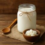 Barattolo di vetro pieno di kefir accanto a una ciotola di legno con grani di kefir su tovaglietta rustica
