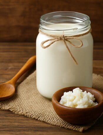 Barattolo di vetro pieno di kefir accanto a una ciotola di legno con grani di kefir su tovaglietta rustica