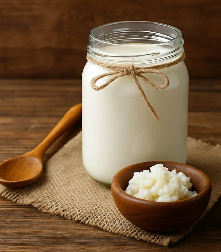 Barattolo di vetro pieno di kefir accanto a una ciotola di legno con grani di kefir su tovaglietta rustica