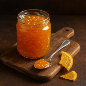 Marmellata d’arancia in barattolo di vetro su tagliere in legno con cucchiaino e scorze candite