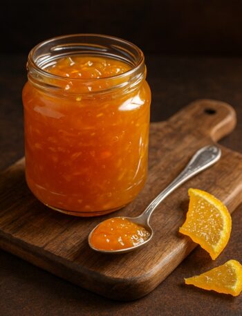 Marmellata d’arancia in barattolo di vetro su tagliere in legno con cucchiaino e scorze candite