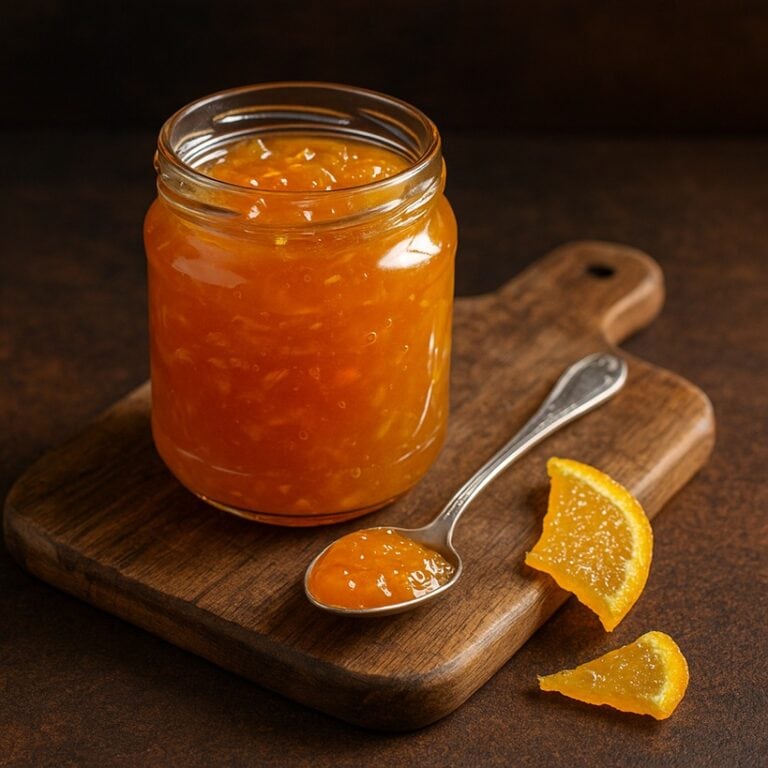 Marmellata d’arancia in barattolo di vetro su tagliere in legno con cucchiaino e scorze candite