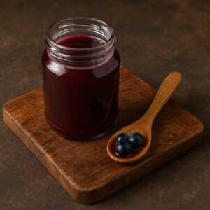 Mosto d’uva in barattolo di vetro su tagliere di legno con cucchiaino