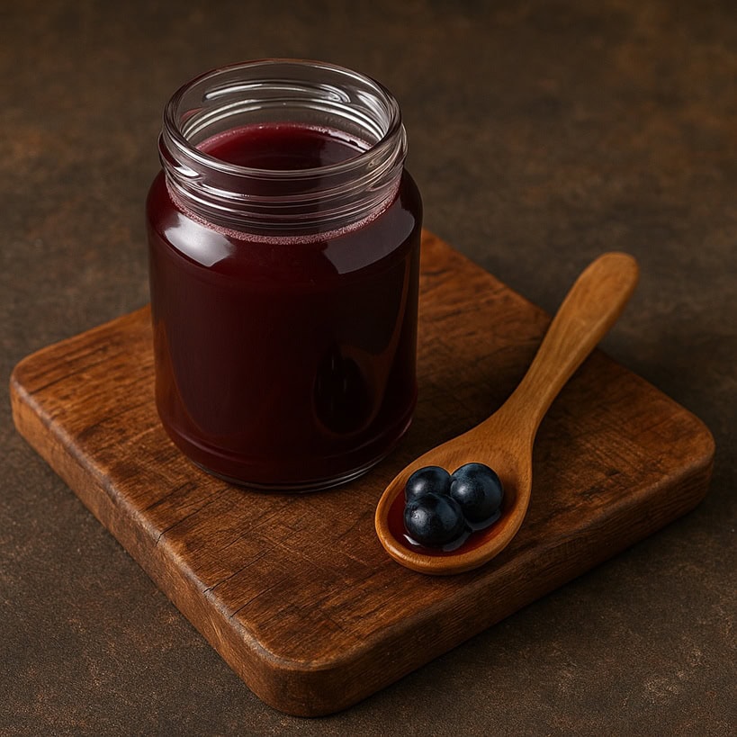 Mosto d’uva in barattolo di vetro su tagliere di legno con cucchiaino