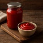 Barattolo di vetro pieno di ketchup e ciotolina di ceramica su tagliere in legno rustico