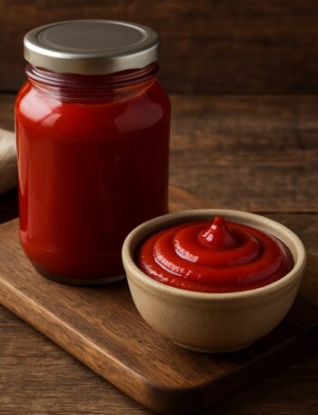 Barattolo di vetro pieno di ketchup e ciotolina di ceramica su tagliere in legno rustico