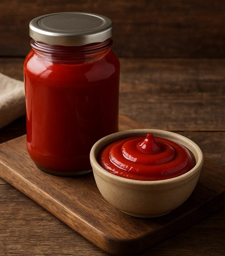 Barattolo di vetro pieno di ketchup e ciotolina di ceramica su tagliere in legno rustico