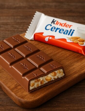 Barretta Kinder Cereali aperta con ripieno di cereali croccanti su tavolo in legno rustico