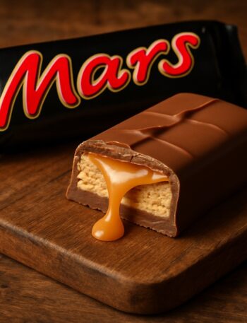 Barretta Mars spezzata con caramello colante e confezione con logo ben visibile sullo sfondo