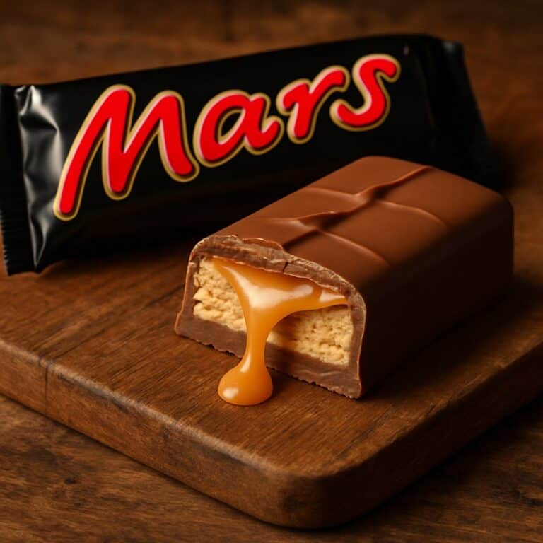 Barretta Mars spezzata con caramello colante e confezione con logo ben visibile sullo sfondo