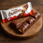 Kinder Bueno, una confezionata e una tagliata, su tagliere in legno rustico