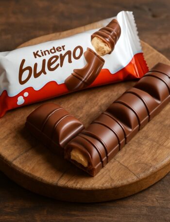 Kinder Bueno, una confezionata e una tagliata, su tagliere in legno rustico