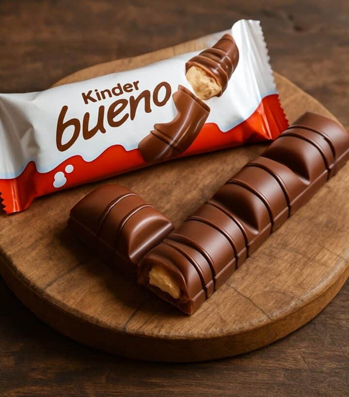 Kinder Bueno, una confezionata e una tagliata, su tagliere in legno rustico