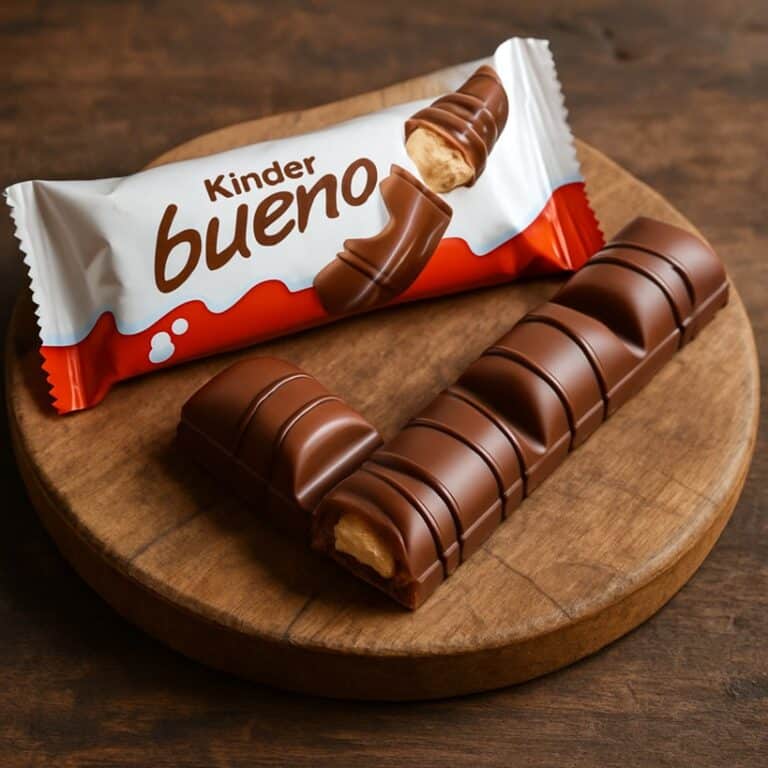 Kinder Bueno, una confezionata e una tagliata, su tagliere in legno rustico
