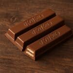 Due barrette Kit Kat spezzate e intere appoggiate su un tavolo chiaro