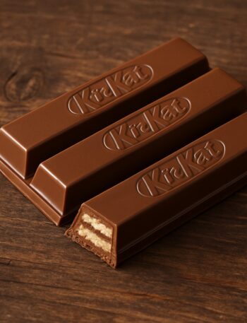 Due barrette Kit Kat spezzate e intere appoggiate su un tavolo chiaro