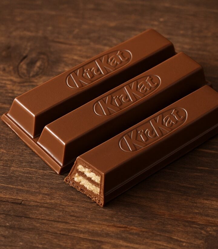 Due barrette Kit Kat spezzate e intere appoggiate su un tavolo chiaro