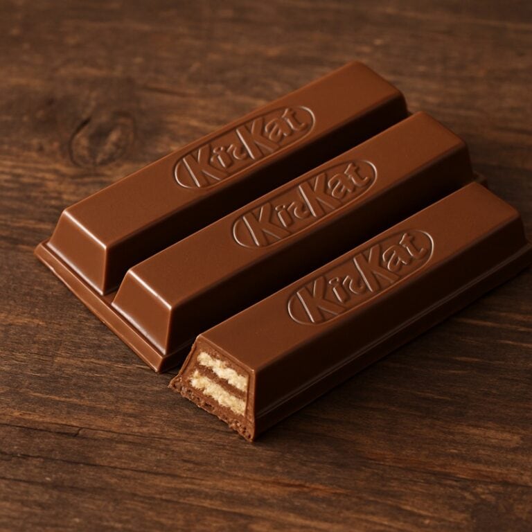 Due barrette Kit Kat spezzate e intere appoggiate su un tavolo chiaro