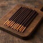 Bastoncini Mikado al cioccolato disposti ordinatamente su tagliere rustico in legno