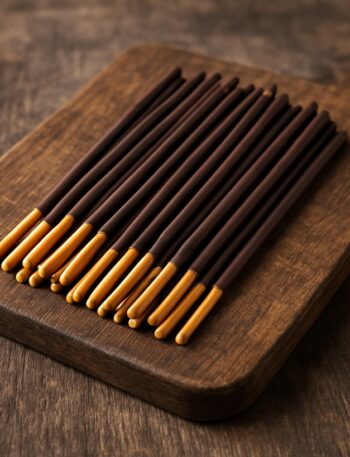 Bastoncini Mikado al cioccolato disposti ordinatamente su tagliere rustico in legno