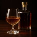 Calice di cognac ambrato accanto a bottiglia elegante su tavolo in legno