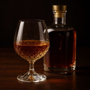 Calice di cognac ambrato accanto a bottiglia elegante su tavolo in legno