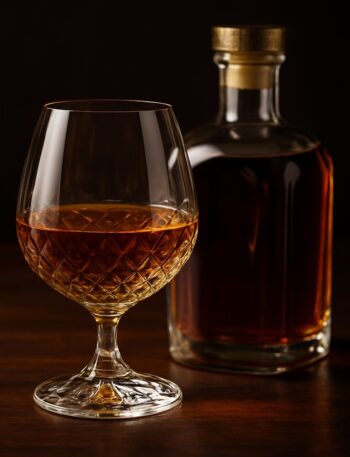 Calice di cognac ambrato accanto a bottiglia elegante su tavolo in legno