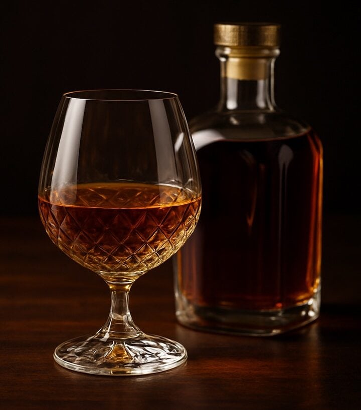 Calice di cognac ambrato accanto a bottiglia elegante su tavolo in legno