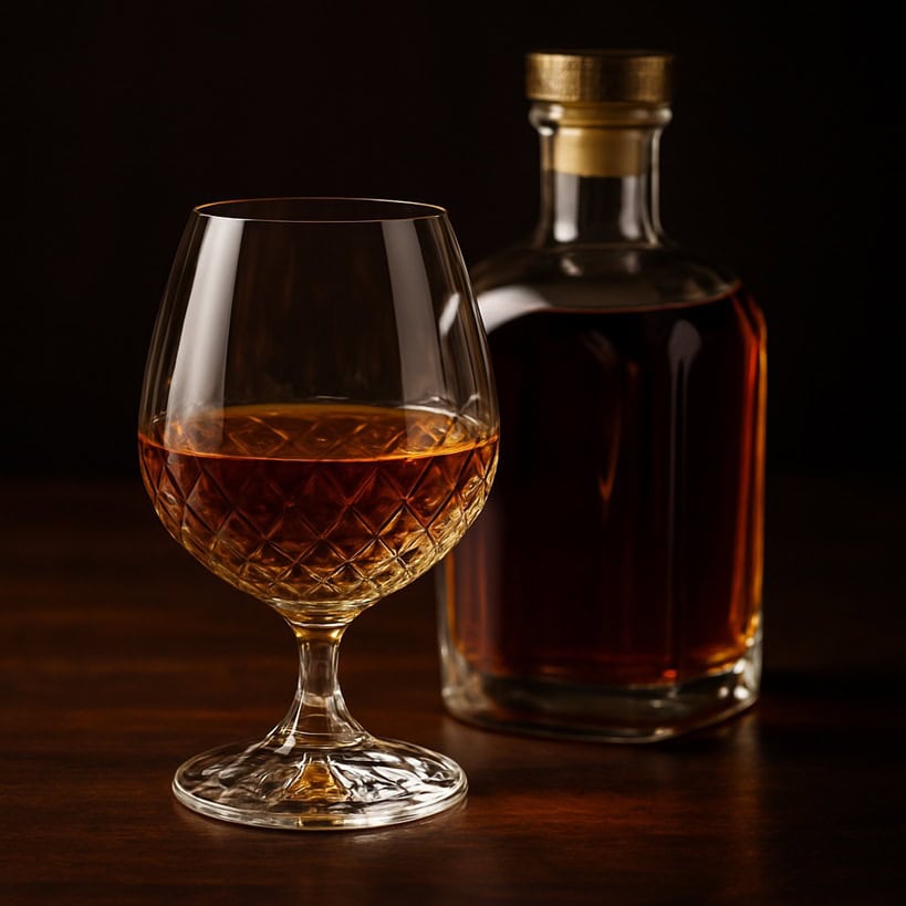Calice di cognac ambrato accanto a bottiglia elegante su tavolo in legno