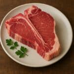 Bistecca Fiorentina cruda con osso a T su piatto chiaro con foglie di prezzemolo