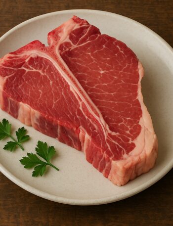 Bistecca Fiorentina cruda con osso a T su piatto chiaro con foglie di prezzemolo