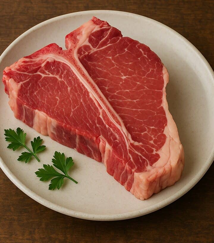 Bistecca Fiorentina cruda con osso a T su piatto chiaro con foglie di prezzemolo