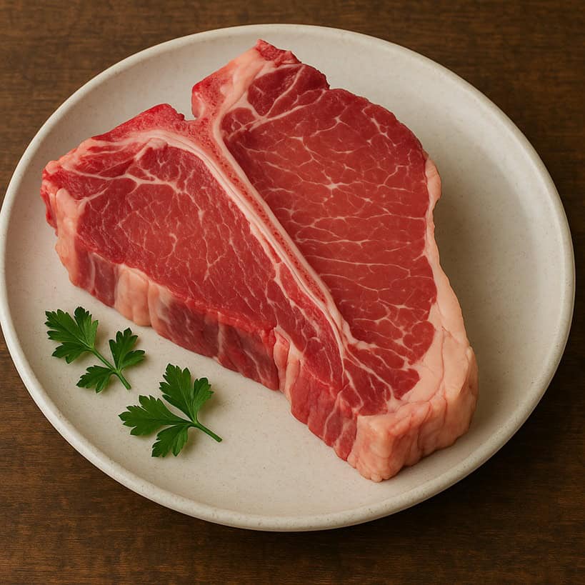 Bistecca Fiorentina cruda con osso a T su piatto chiaro con foglie di prezzemolo