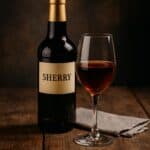 Vino Cherry o Sherry in bottiglia e bicchiere da degustazione su tovaglietta rustica in legno scuro