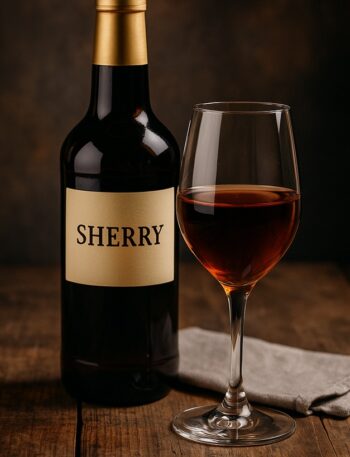 Vino Cherry o Sherry in bottiglia e bicchiere da degustazione su tovaglietta rustica in legno scuro