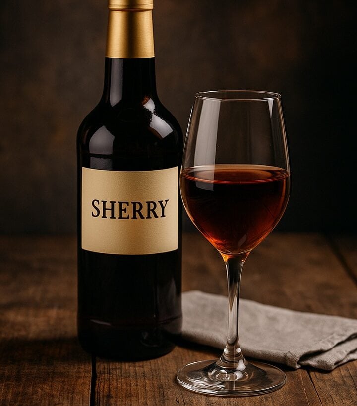 Vino Cherry o Sherry in bottiglia e bicchiere da degustazione su tovaglietta rustica in legno scuro