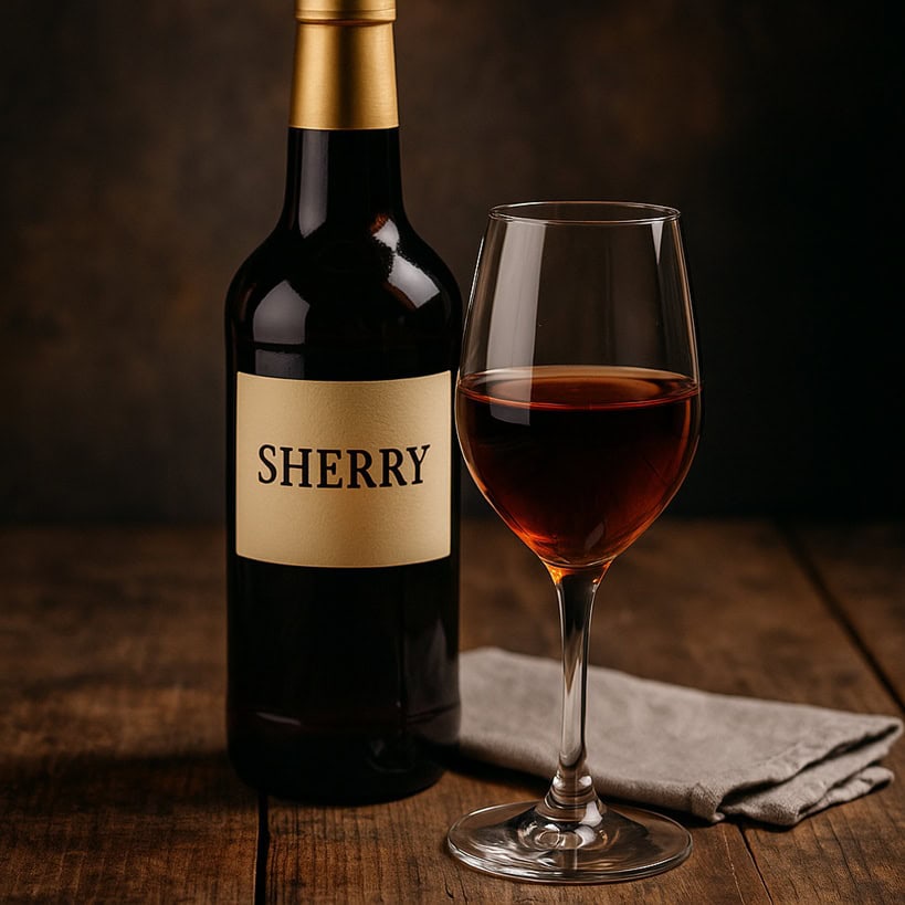 Vino Cherry o Sherry in bottiglia e bicchiere da degustazione su tovaglietta rustica in legno scuro