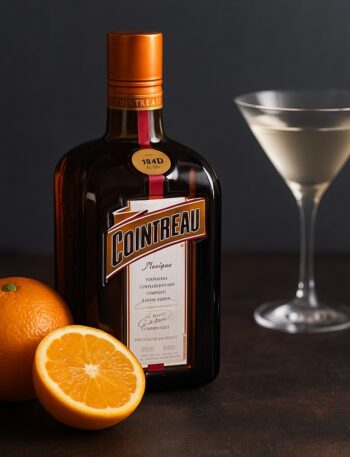 Cointreau con arance fresche e cocktail trasparente su fondo scuro