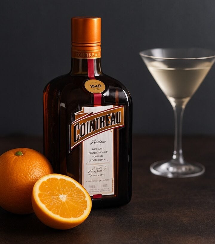 Cointreau con arance fresche e cocktail trasparente su fondo scuro
